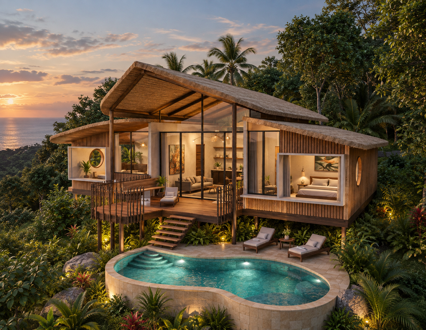 Private-pool villa at dusk above the Pacific