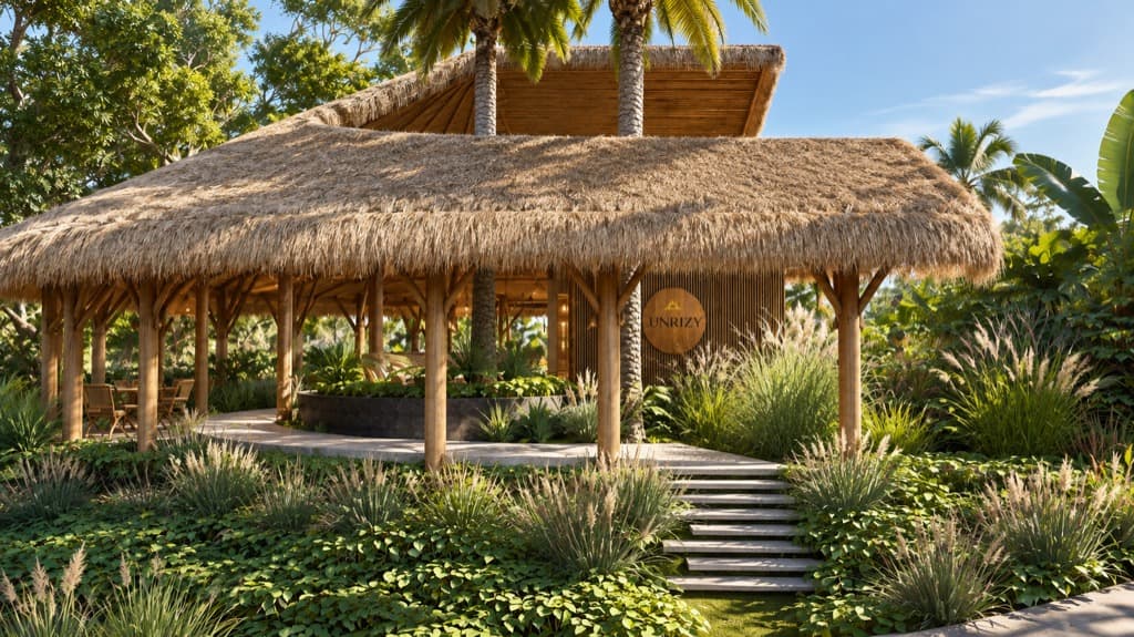 Arrival pavilion: thatched open-air structure above planted terraces