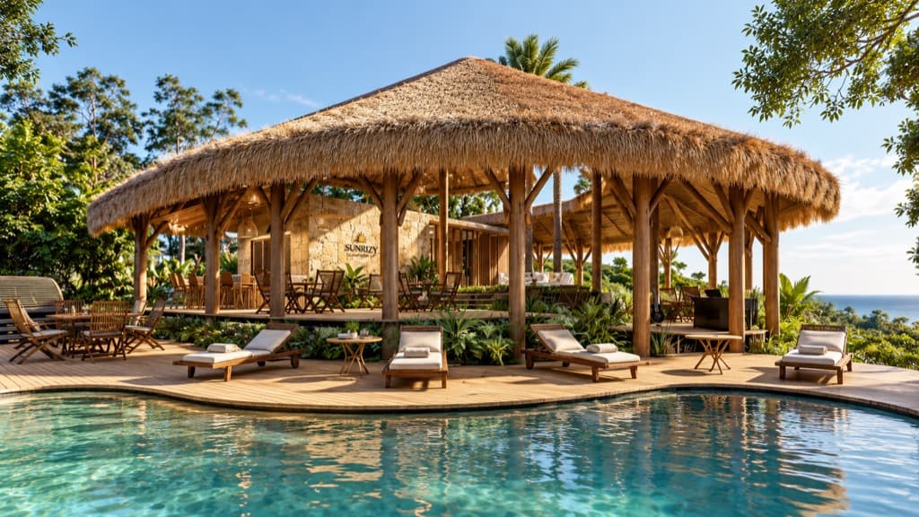 Pool deck beneath the thatched central pavilion