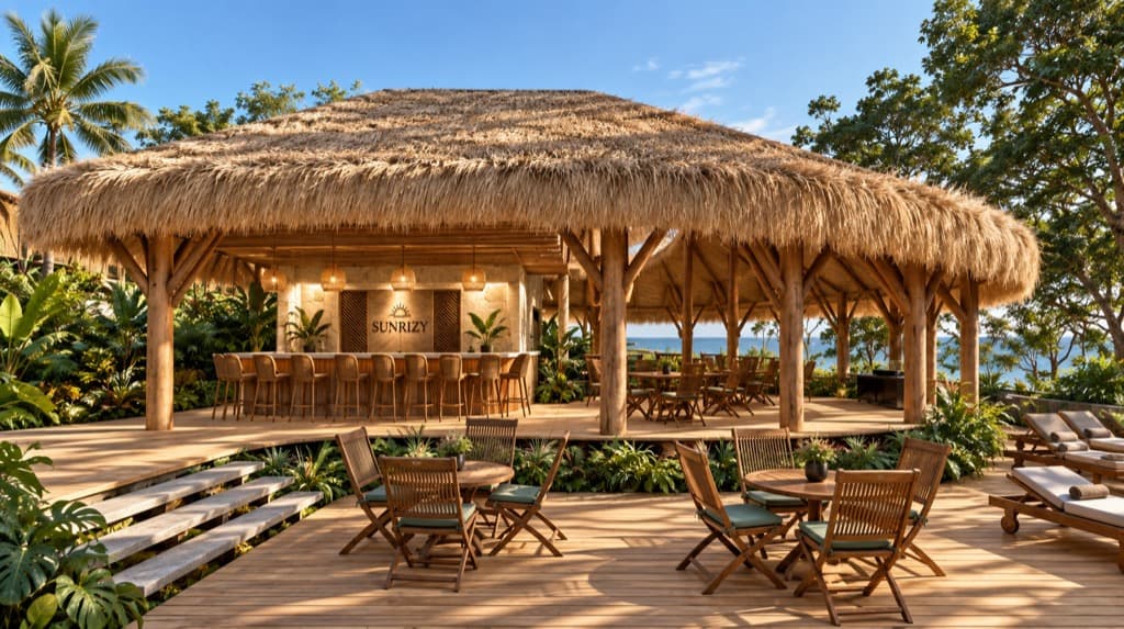 Thatched bar pavilion and open deck